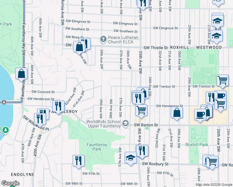 map of restaurants, bars, coffee shops, grocery stores, and more near 8819 37th Avenue Southwest in Seattle