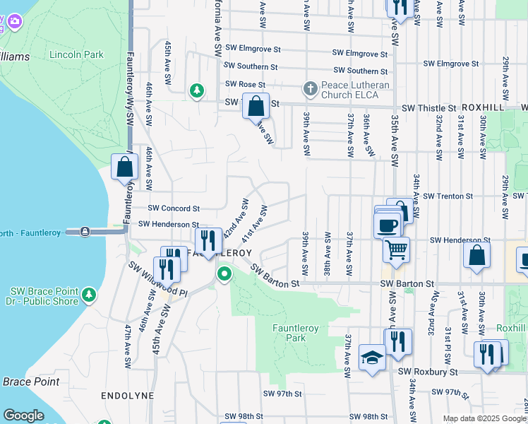map of restaurants, bars, coffee shops, grocery stores, and more near 8814 41st Avenue Southwest in Seattle