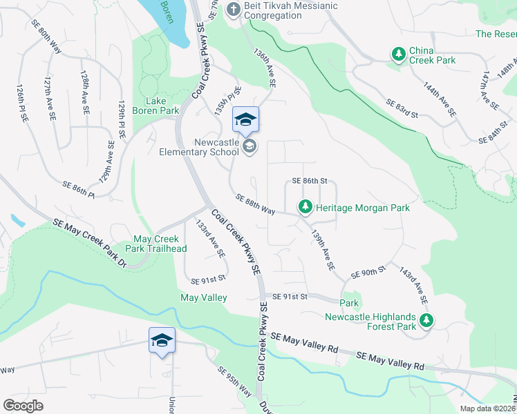 map of restaurants, bars, coffee shops, grocery stores, and more near Southeast 88th Way in Newcastle
