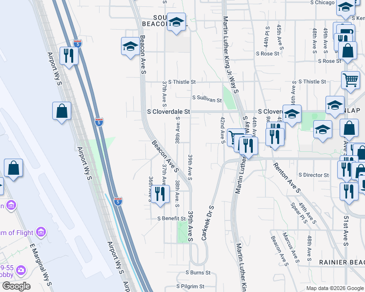 map of restaurants, bars, coffee shops, grocery stores, and more near 8656 38th Avenue South in Seattle