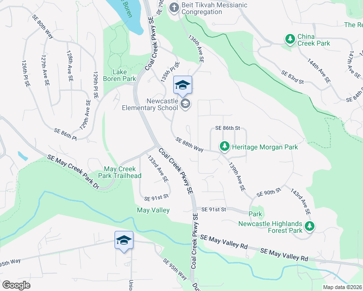 map of restaurants, bars, coffee shops, grocery stores, and more near SE 88th Way in Newcastle