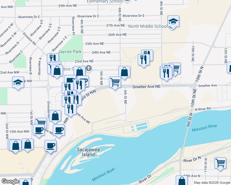 map of restaurants, bars, coffee shops, grocery stores, and more near 528 Smelter Avenue Northeast in Great Falls