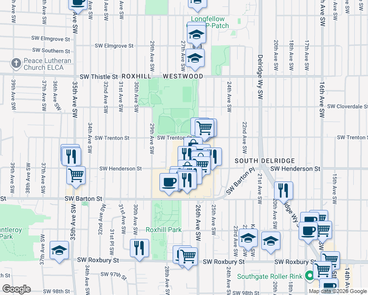 map of restaurants, bars, coffee shops, grocery stores, and more near 2721 Southwest Trenton Street in Seattle