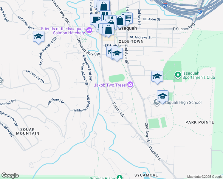 map of restaurants, bars, coffee shops, grocery stores, and more near 540 Front Street South in Issaquah