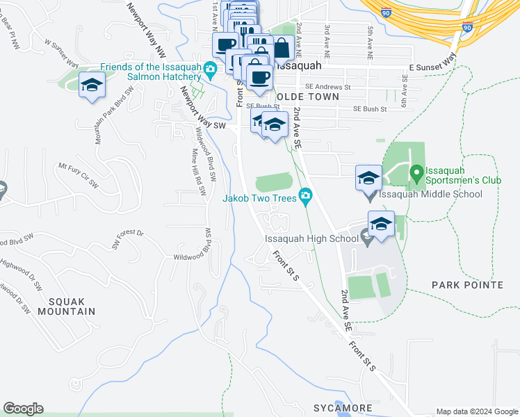 map of restaurants, bars, coffee shops, grocery stores, and more near 540 Front Street South in Issaquah