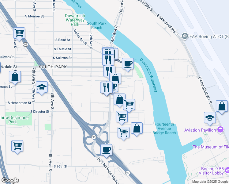 map of restaurants, bars, coffee shops, grocery stores, and more near 8800 14th Avenue South in Seattle