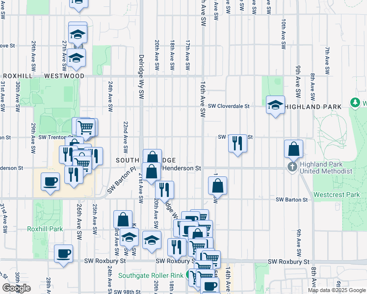 map of restaurants, bars, coffee shops, grocery stores, and more near 8809 17th Avenue Southwest in Seattle