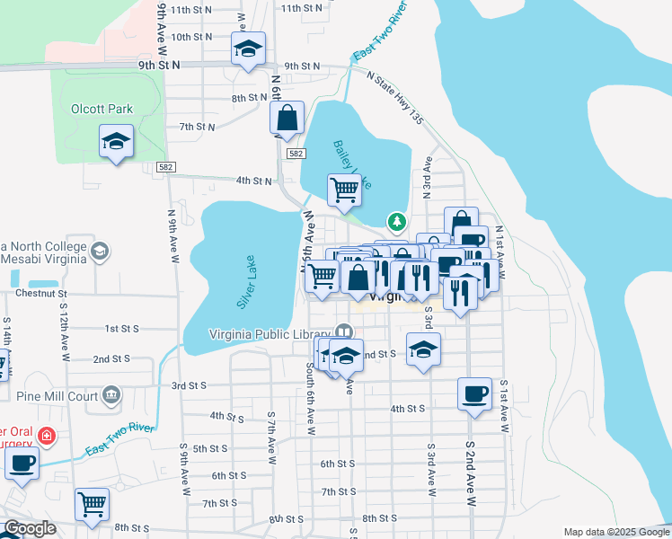 map of restaurants, bars, coffee shops, grocery stores, and more near 501 1st Street North in Virginia