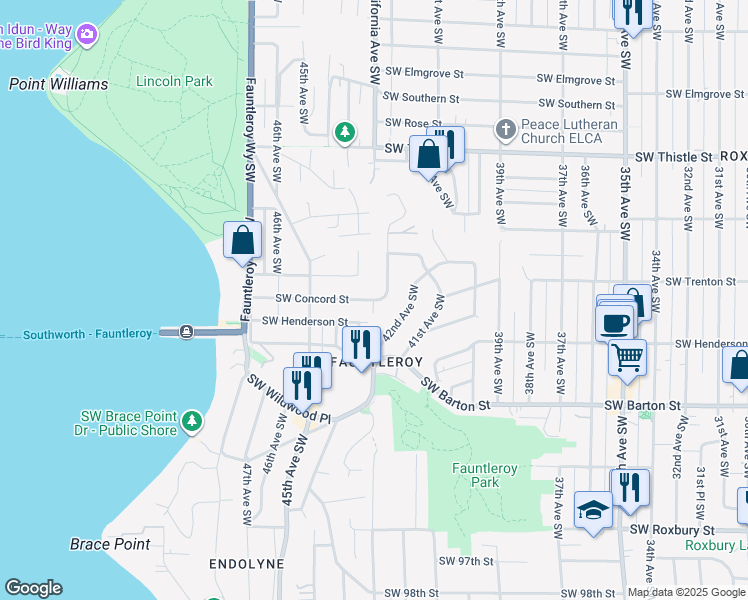 map of restaurants, bars, coffee shops, grocery stores, and more near Southwest Concord Street in Seattle
