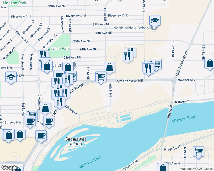 map of restaurants, bars, coffee shops, grocery stores, and more near 540 Smelter Avenue Northeast in Great Falls
