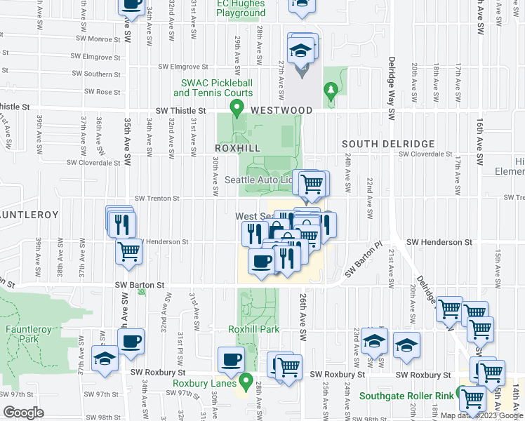 map of restaurants, bars, coffee shops, grocery stores, and more near 8814 28th Avenue Southwest in Seattle