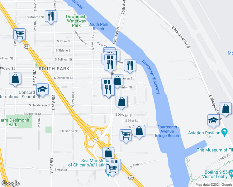 map of restaurants, bars, coffee shops, grocery stores, and more near 1412 South Concord Street in Seattle