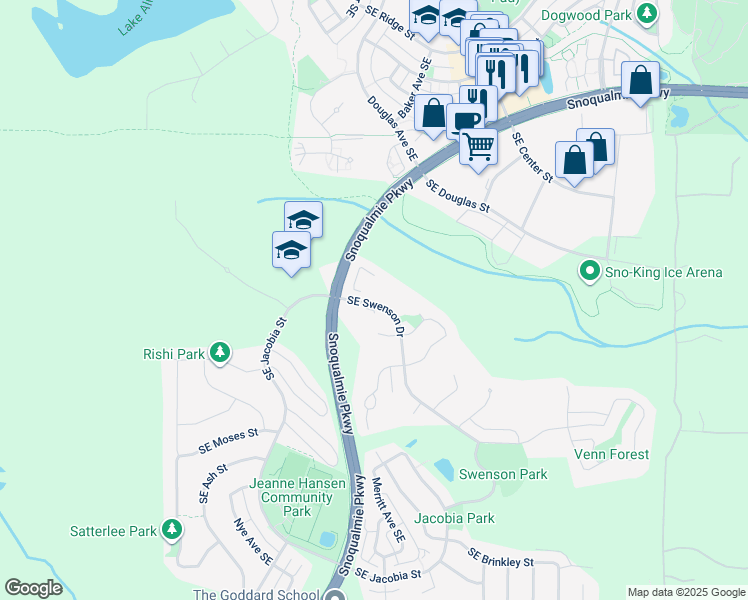 map of restaurants, bars, coffee shops, grocery stores, and more near 34626 Southeast Swenson Drive in Snoqualmie