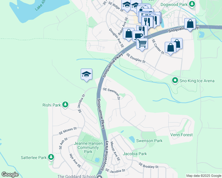map of restaurants, bars, coffee shops, grocery stores, and more near 34626 Southeast Swenson Drive in Snoqualmie