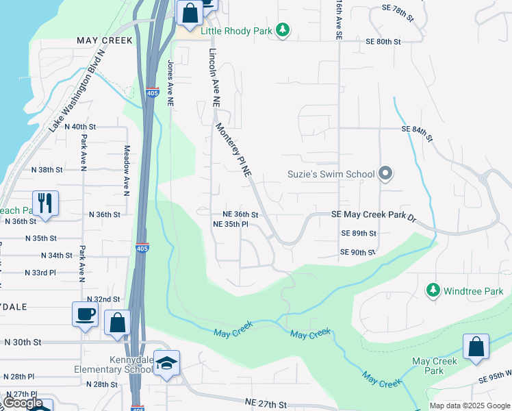 map of restaurants, bars, coffee shops, grocery stores, and more near 3626 Monterey Court Northeast in Renton