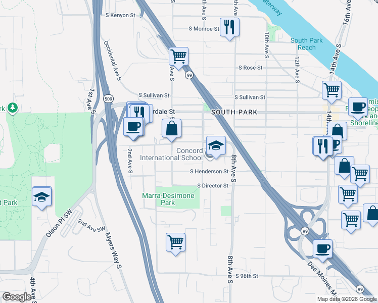 map of restaurants, bars, coffee shops, grocery stores, and more near 543 South Trenton Street in Seattle