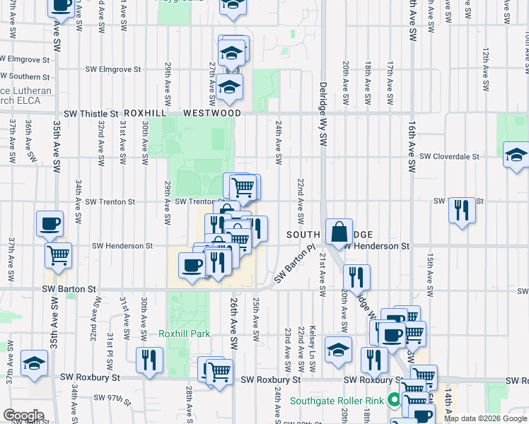map of restaurants, bars, coffee shops, grocery stores, and more near 2421 Southwest Trenton Street in Seattle