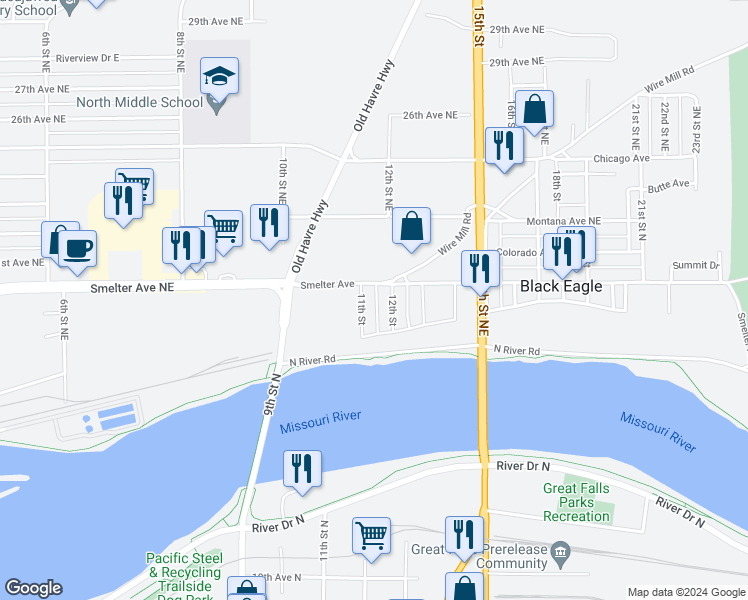 map of restaurants, bars, coffee shops, grocery stores, and more near 123 11th Street in Black Eagle