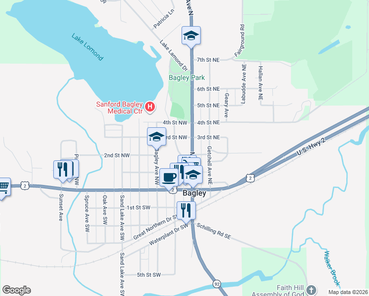 map of restaurants, bars, coffee shops, grocery stores, and more near 213 Main Avenue North in Bagley