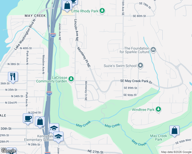 map of restaurants, bars, coffee shops, grocery stores, and more near 8621 113th Avenue Southeast in Newcastle