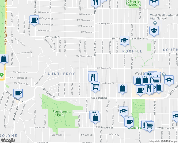 map of restaurants, bars, coffee shops, grocery stores, and more near 8810 36th Avenue Southwest in Seattle