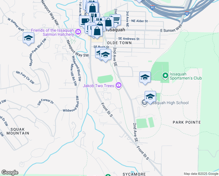 map of restaurants, bars, coffee shops, grocery stores, and more near 580 Front Street South in Issaquah