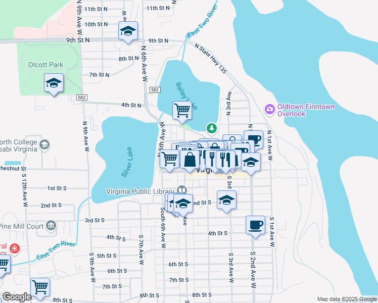 map of restaurants, bars, coffee shops, grocery stores, and more near 421 1st Street North in Virginia
