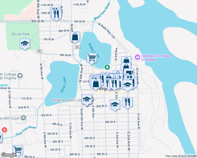 map of restaurants, bars, coffee shops, grocery stores, and more near 421 1st Street North in Virginia