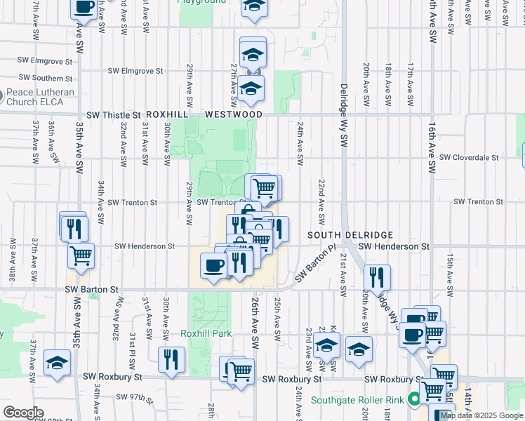 map of restaurants, bars, coffee shops, grocery stores, and more near 2513 Southwest Trenton Street in Seattle