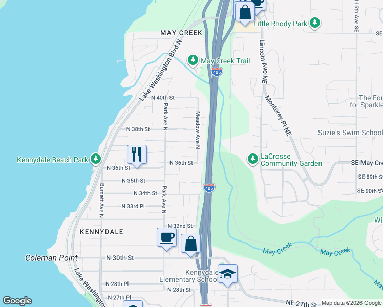 map of restaurants, bars, coffee shops, grocery stores, and more near 3615 Meadow Avenue North in Renton