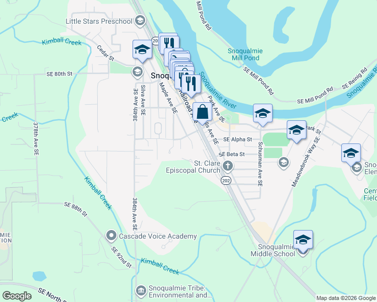 map of restaurants, bars, coffee shops, grocery stores, and more near 8475 Maple Avenue Southeast in Snoqualmie