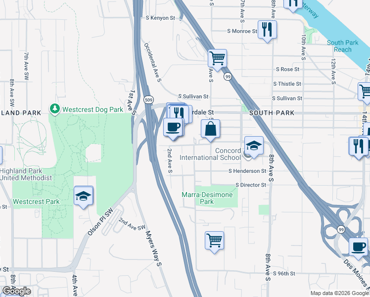 map of restaurants, bars, coffee shops, grocery stores, and more near 8801 3rd Avenue South in Seattle