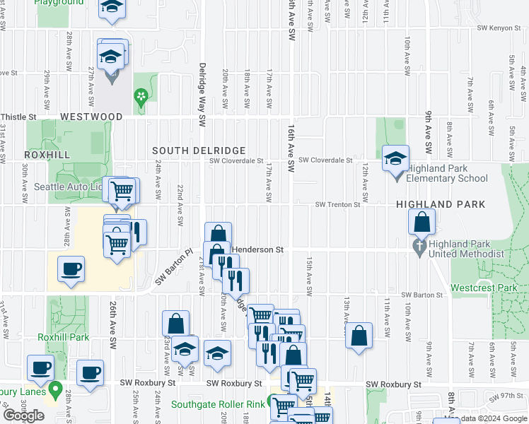 map of restaurants, bars, coffee shops, grocery stores, and more near 8809 17th Avenue Southwest in Seattle