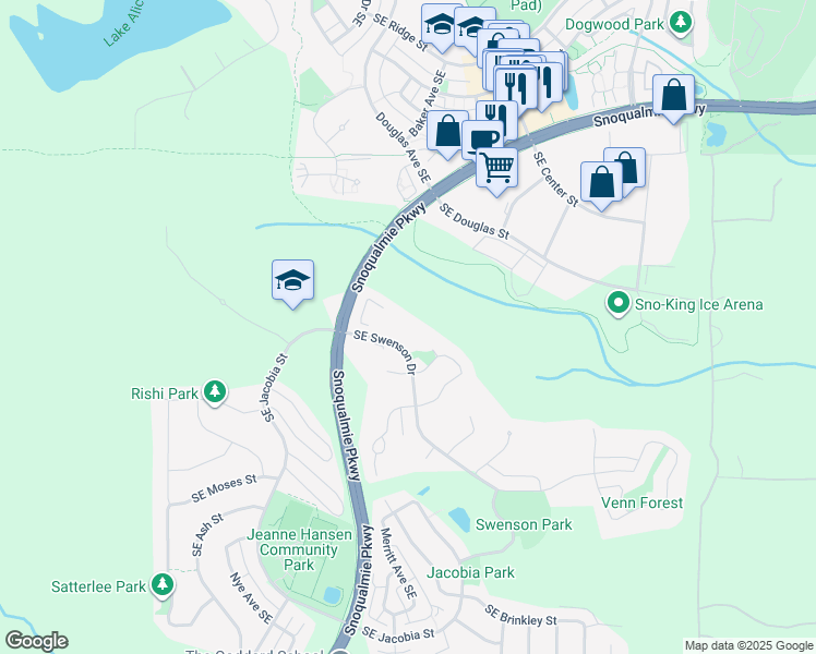 map of restaurants, bars, coffee shops, grocery stores, and more near 8510 Southeast Bybee Court in Snoqualmie