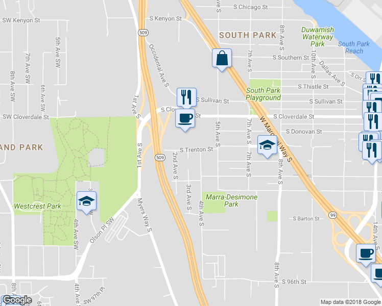 map of restaurants, bars, coffee shops, grocery stores, and more near 8801 3rd Avenue South in Seattle