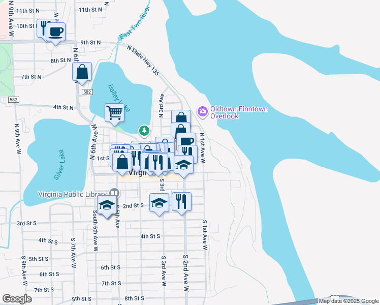 map of restaurants, bars, coffee shops, grocery stores, and more near 109 1st Street North in Virginia