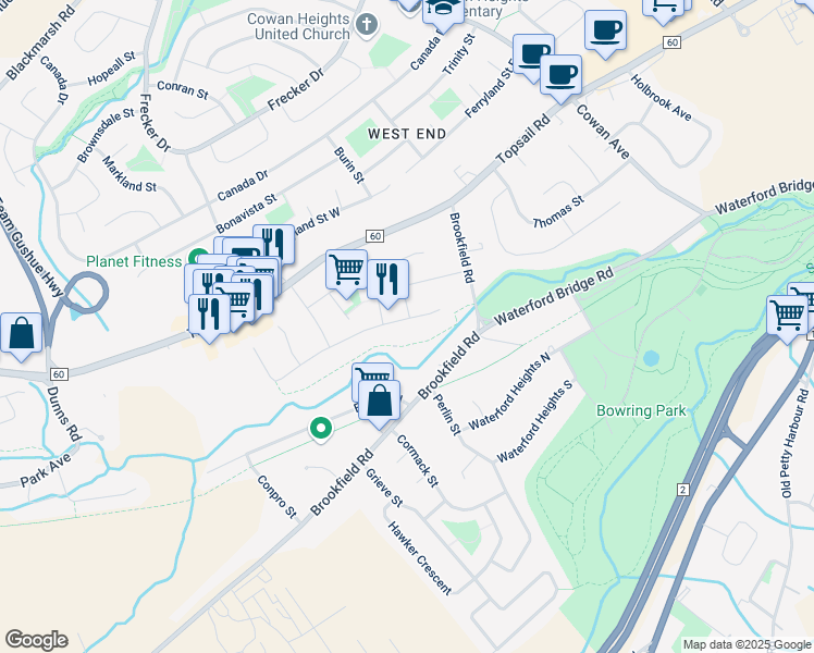 map of restaurants, bars, coffee shops, grocery stores, and more near 51 Doyle Street in St. John's