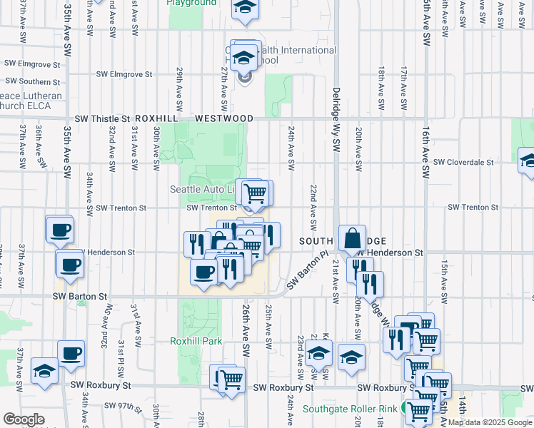 map of restaurants, bars, coffee shops, grocery stores, and more near 2421 Southwest Trenton Street in Seattle