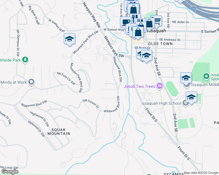 map of restaurants, bars, coffee shops, grocery stores, and more near 180 Southwest Gibson Lane in Issaquah