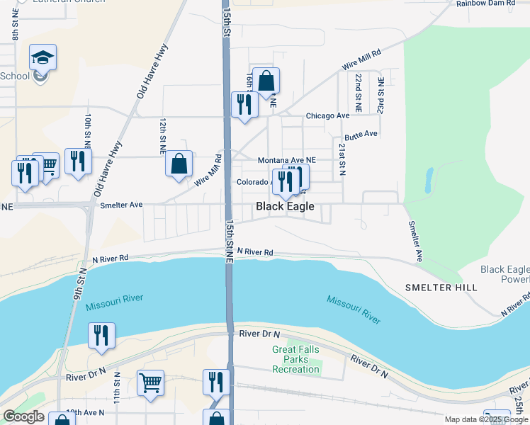 map of restaurants, bars, coffee shops, grocery stores, and more near 124 17th Street Northeast in Black Eagle