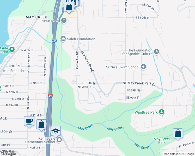 map of restaurants, bars, coffee shops, grocery stores, and more near 8621 113th Avenue Southeast in Newcastle