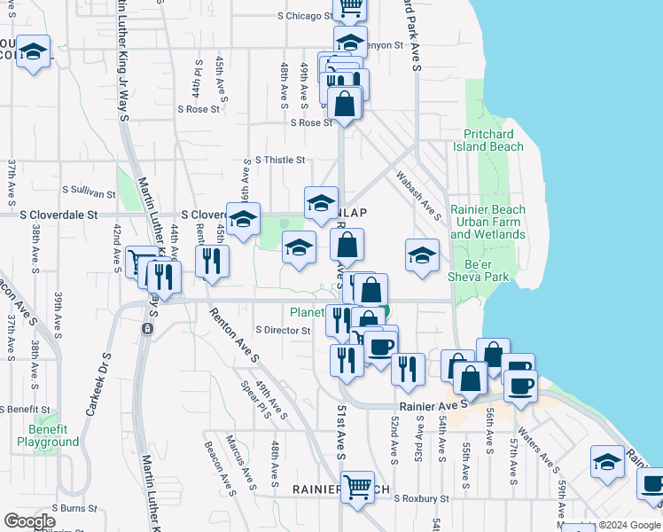 map of restaurants, bars, coffee shops, grocery stores, and more near 8825 Rainier Avenue South in Seattle
