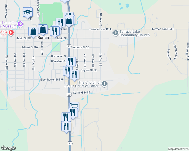 map of restaurants, bars, coffee shops, grocery stores, and more near 520 3rd Avenue Southeast in Ronan