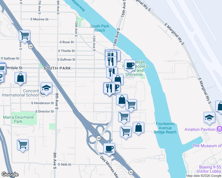 map of restaurants, bars, coffee shops, grocery stores, and more near 8805 14th Avenue South in Seattle