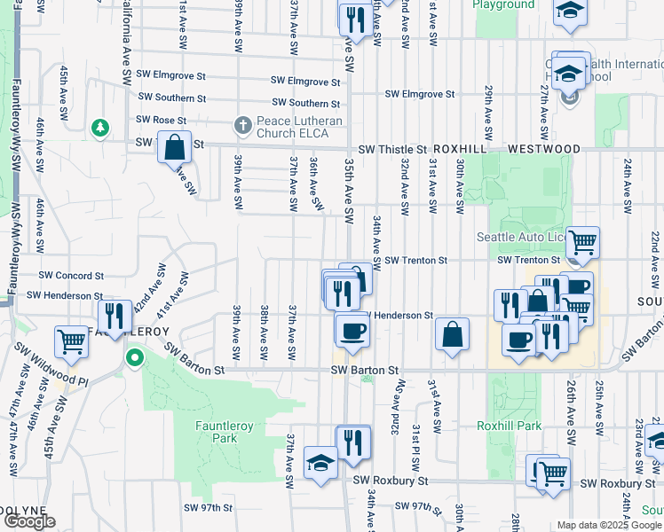 map of restaurants, bars, coffee shops, grocery stores, and more near 3515 Southwest Trenton Street in Seattle