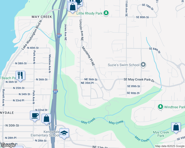 map of restaurants, bars, coffee shops, grocery stores, and more near 3626 Monterey Court Northeast in Renton