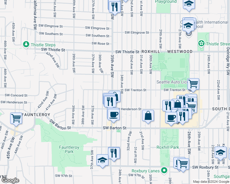 map of restaurants, bars, coffee shops, grocery stores, and more near 3421 Southwest Trenton Street in Seattle
