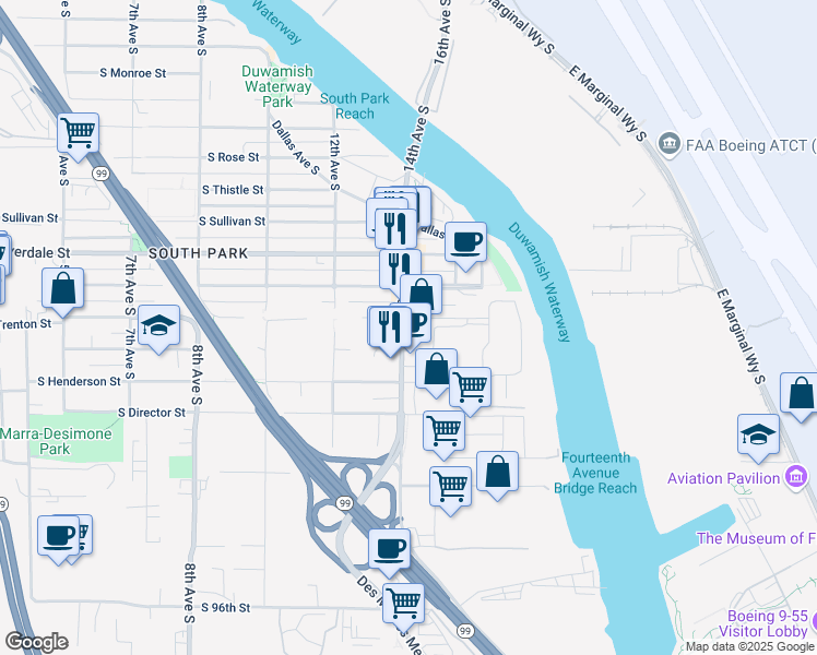 map of restaurants, bars, coffee shops, grocery stores, and more near 8800 14th Avenue South in Seattle