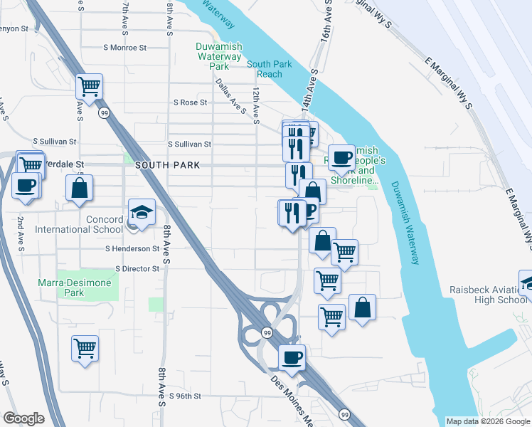 map of restaurants, bars, coffee shops, grocery stores, and more near 8800 12th Avenue South in Seattle