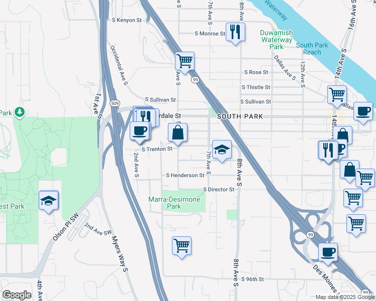 map of restaurants, bars, coffee shops, grocery stores, and more near 503 South Trenton Street in Seattle